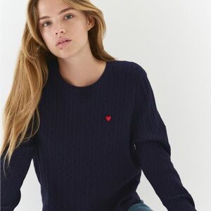 H&M | Cable-Knit Navy Blue Sweater with Red Heart Detail